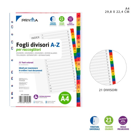 [0217717] Separadores de índice de colores A-Z 29.8x22.4cm para organización de documentos