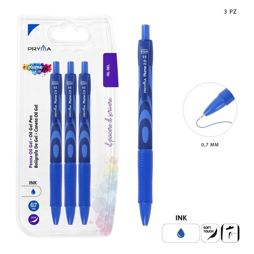 [0218845] Bolígrafo de clic de gel con tinta suave 0.7mm 3pz azul para escribir