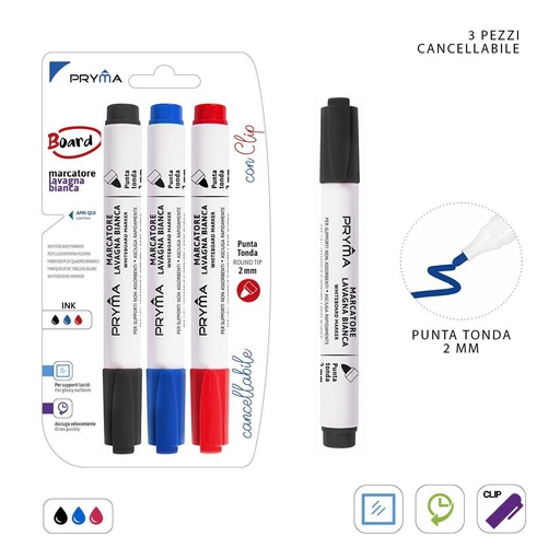 [0221285] Marcador redondo para pizarra blanca 2MM 3PZ colores negro rojo azul - Herramientas de escritura