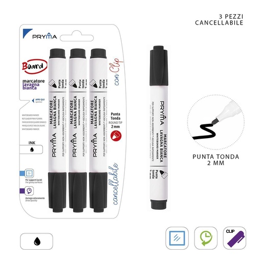 [0221286] Marcador redondo para pizarra blanca 2MM 3PZ negro - Herramientas de escritura