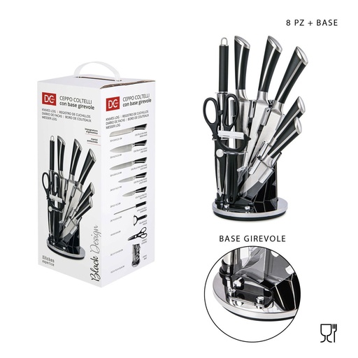 [0222532]  set de cuchillos Black Design 8 piezas con base giratoria - Utensilios de cocina