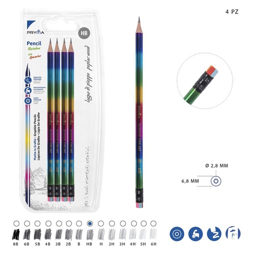 [0218497] Lápiz de grafito HB 4 piezas color arcoíris - Herramientas de escritura