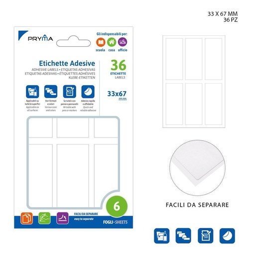 [0221131] Etiqueta adhesiva rectangular 3.3x6.7 cm 6 pcs color blanco - Papelería y etiquetas
