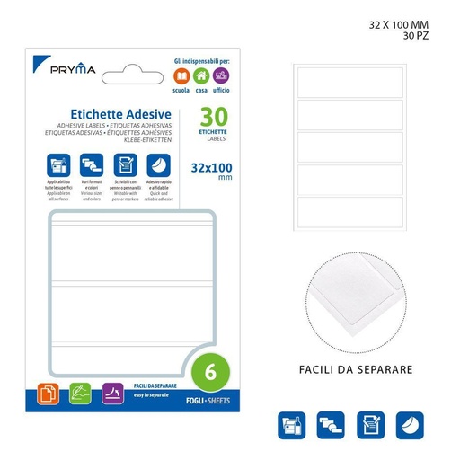 [0221138] Etiqueta adhesiva rectangular 3.2x10 cm 6 pcs color blanco - Papelería y etiquetas