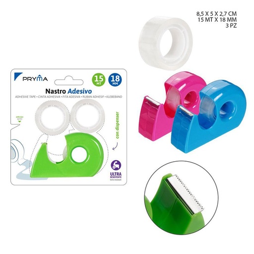 [0222074] Cinta adhesiva + dispensador 18 mm x 15 m 3 piezas - Accesorios de oficina