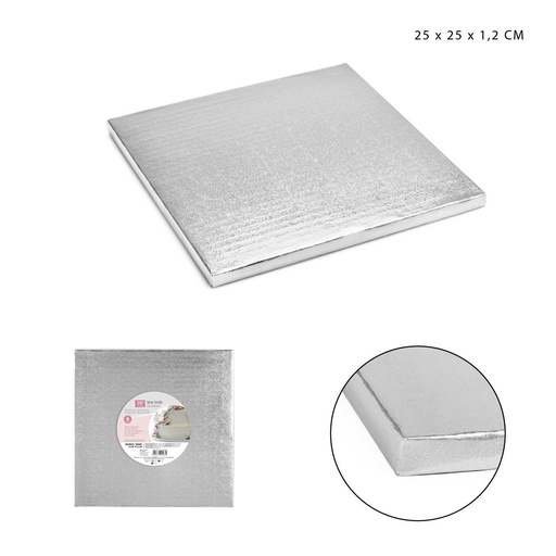 [0224324] Base decorativa rígida cuadrada 25x25x1.2 cm plata para tartas