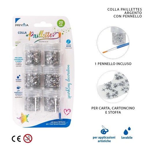 [0224227] Pegamento con lentejuelas plata 20g 6pz con pincel para manualidades