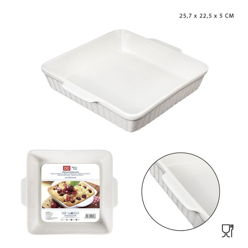 [0224136] Bandeja de porcelana cuadrada con asas 25.7x22.5x5cm para horno