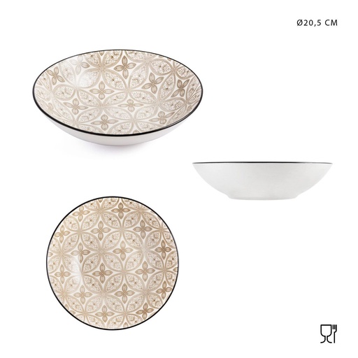 [0225141] Plato hondo de cerámica beige con flores 20.5cm para vajilla