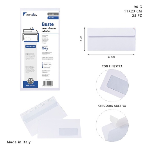 [0221265] Sobre blanco adhesivo con ventana 90g 11x23cm 25pz para correspondencia