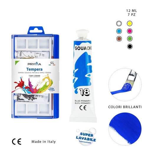 [0223049] Pack de temperas lavables 12ml 7 piezas + pincel - Pinturas para niños