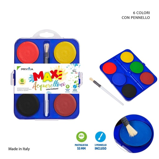 [0223052] Set de acuarelas maxi D55mm 6 colores primarios + pincel para pintura y dibujo
