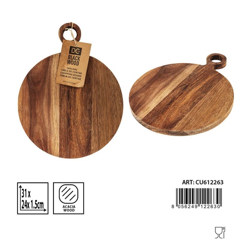 [0233396] Tabla de cortar redonda con mango acacia 31x24x1.5 cm - Utensilios de cocina