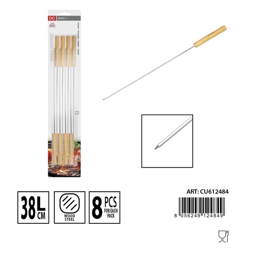 [0234751] Brochetas de acero inoxidable 38cm 8pcs para barbacoa