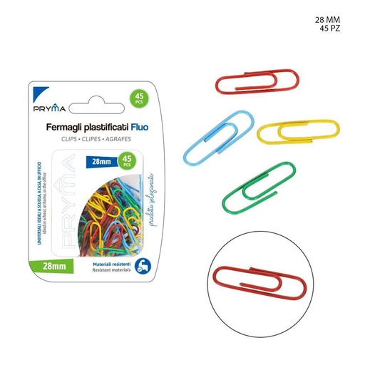 [0226382] Clips de color fluorescente 28mm 45pz para oficina y papelería