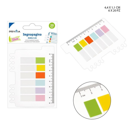 [0226472] Marcador de página adhesivo 4.4x1.1cm 6x20pz para organización y notas