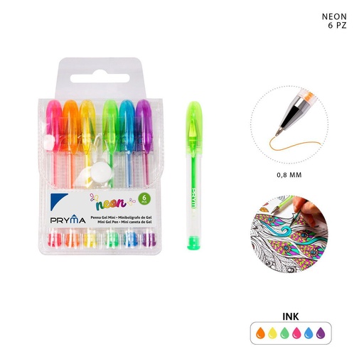 [0229438] Bolígrafo mini de gel fluorescente 0.8mm 6pz para escritura y papelería