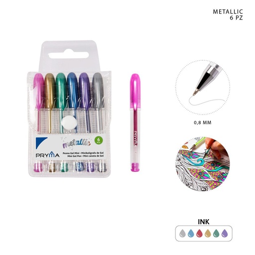 [0229439] Bolígrafo mini de gel metálico 0.8MM 6PZ - Herramientas de escritura