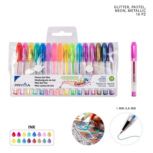 [0229440] Bolígrafos mini de gel color neón 16 piezas - Papelería