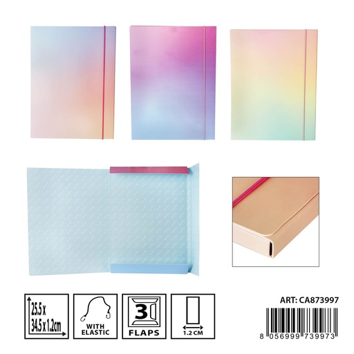[0230516] Carpeta con 3 solapas elásticas redondas 25.5x34.5cm para organización escolar