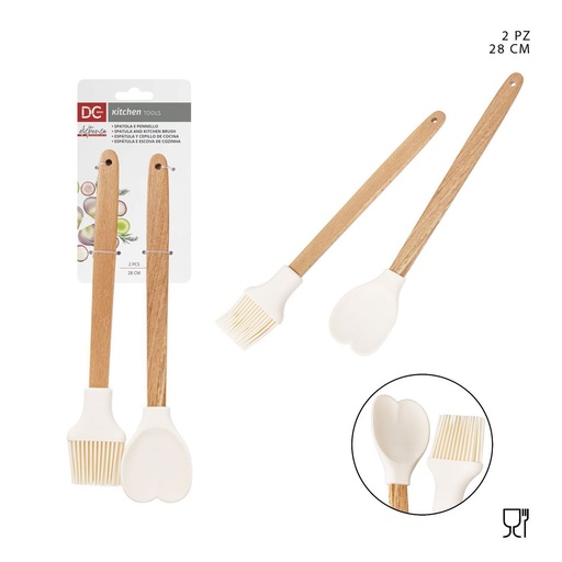 [0226836] Espátula y pincel de silicona 28cm 2pcs con mango de madera para cocina