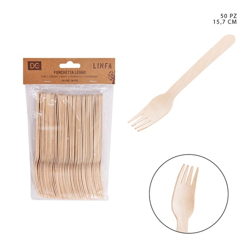 [0227031] Tenedor desechable de madera 15.7cm pack de 50 para fiestas