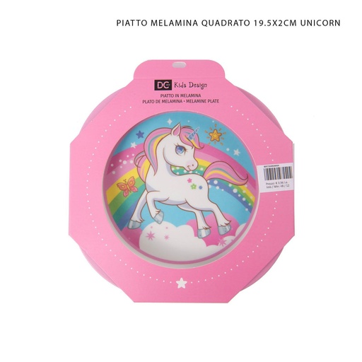 [0230077] Plato de melamina cuadrado 19.5x2cm con diseño de unicornio para niños