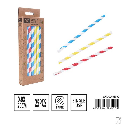 [0230120] Pajitas de papel a rayas de colores 0.8x20cm 25pz desechables