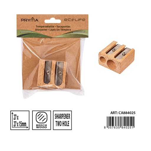 [0233832] Sacapuntas de madera dos agujeros 27x27x15mm para oficina y papelería