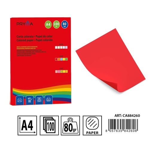 [0233659] Papel de colores vivos rojo 100 hojas - Materiales de arte y manualidades 