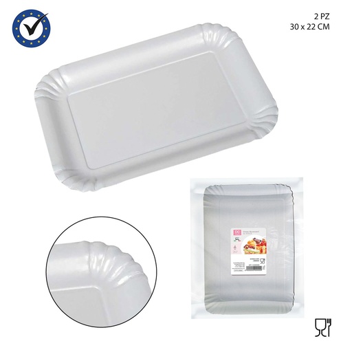 [0129135] Bandeja rectangular de papel blanco 30x22cm 2pzs para repostería