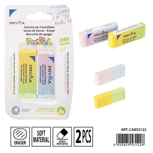 [0231872] Goma de borrar color pastel 2 piezas - Utensilios de papelería