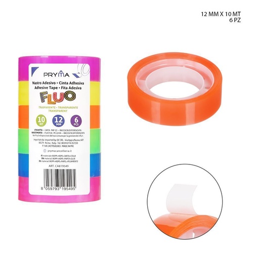 [0231058] Cinta adhesiva flúo transparente 12mm x 10m 6 PZ - Suministros de oficina