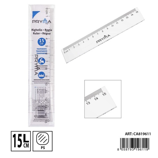 [0230750] Regla transparente 15cm para material escolar