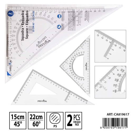 [0230756] Escuadra triangular transparente 15CM 45° y 22CM 60° 2PZ - Accesorios de colegio