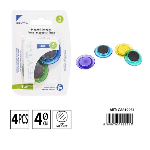 [0233156] Imanes de colores para pizarra 4 cm 4 unidades - Accesorios de oficina