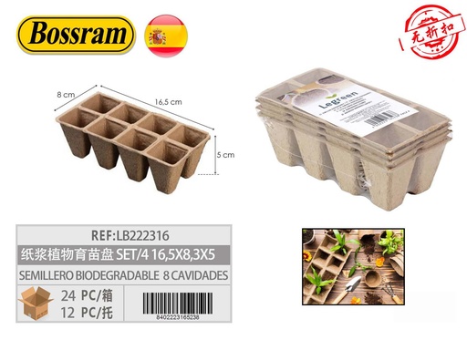 [LB222316] Semillero biodegradable 8 cavidades set/4 16.5x8.3x5 cm para jardín