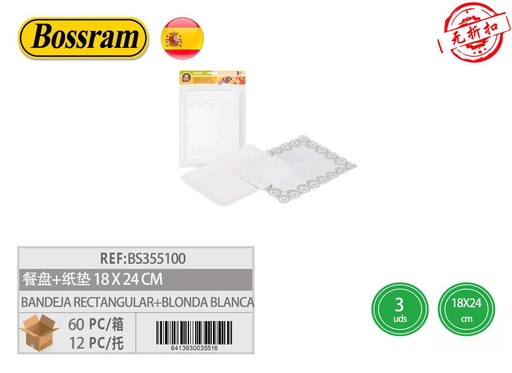 [BS355100] Set de 3 bandejas rectangulares con blonda blanca 18x24cm