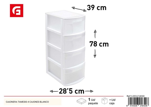 [120121650]  cajonera de plástico TAMESIS 4 cajones blanco - Almacenaje funcional