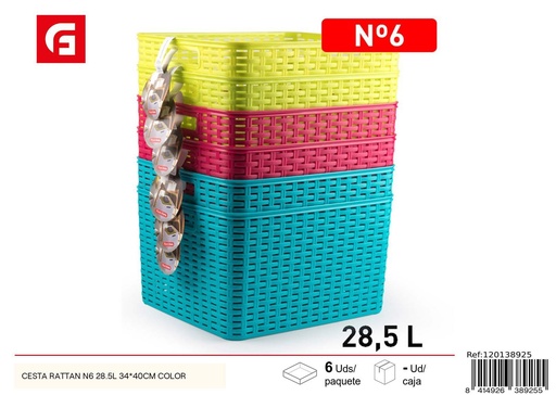 [120138925] Cesta de plástico estilo ratán 28.5L 34x40cm colorida para almacenamiento
