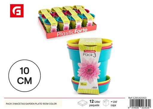 [120142353] Pack 3 macetas de plástico Garden con plato 10cm de colores