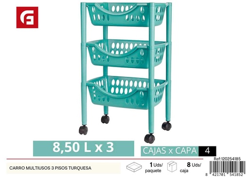 [120254185] Carro multiusos de plástico con 3 pisos turquesa para cocina y almacenamiento