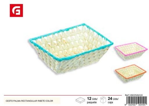 [190350410] Cesto de palma rectangular con ribete de color para almacenamiento y decoración