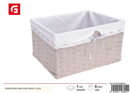 [190358894] Cesta de mimbre gris con forro y lazo - Decoración del hogar