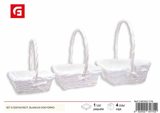 [190361770] Set de 3 cestas rectangulares blancas con forro - Decoración del hogar