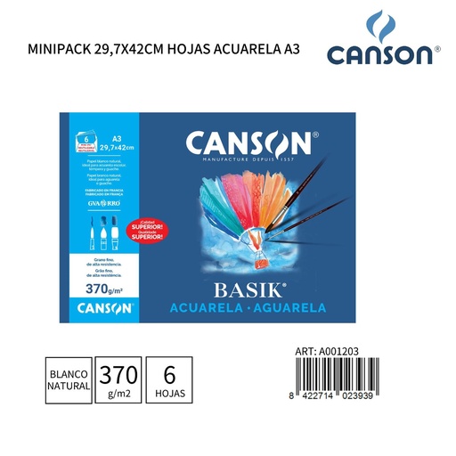 [A001203] Hojas de acuarela A3 370 g 6 uds - Papelería