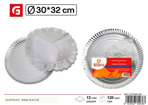 [120780236] Plato de papel plateado con rodal 30cm para fiestas