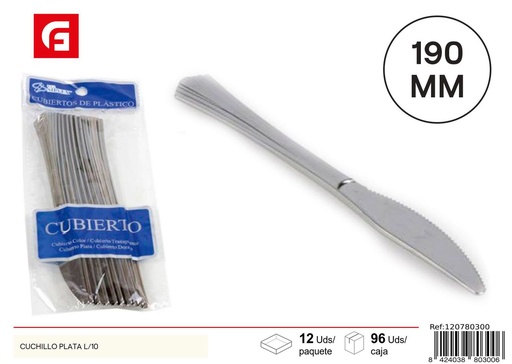 [120780300] Cuchillo plateado desechable l/10 - Utensilios desechables