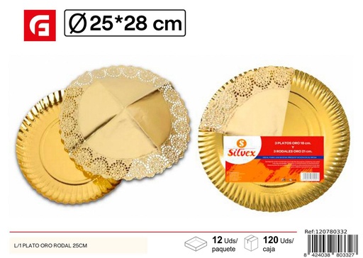 [120780332] Plato de oro desechable con blonda 25cm para fiestas y eventos