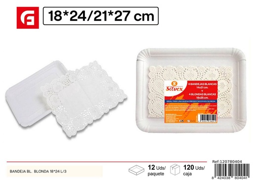 [120780404] Bandeja desechable blanca con blonda 18x24cm set 3 para fiestas